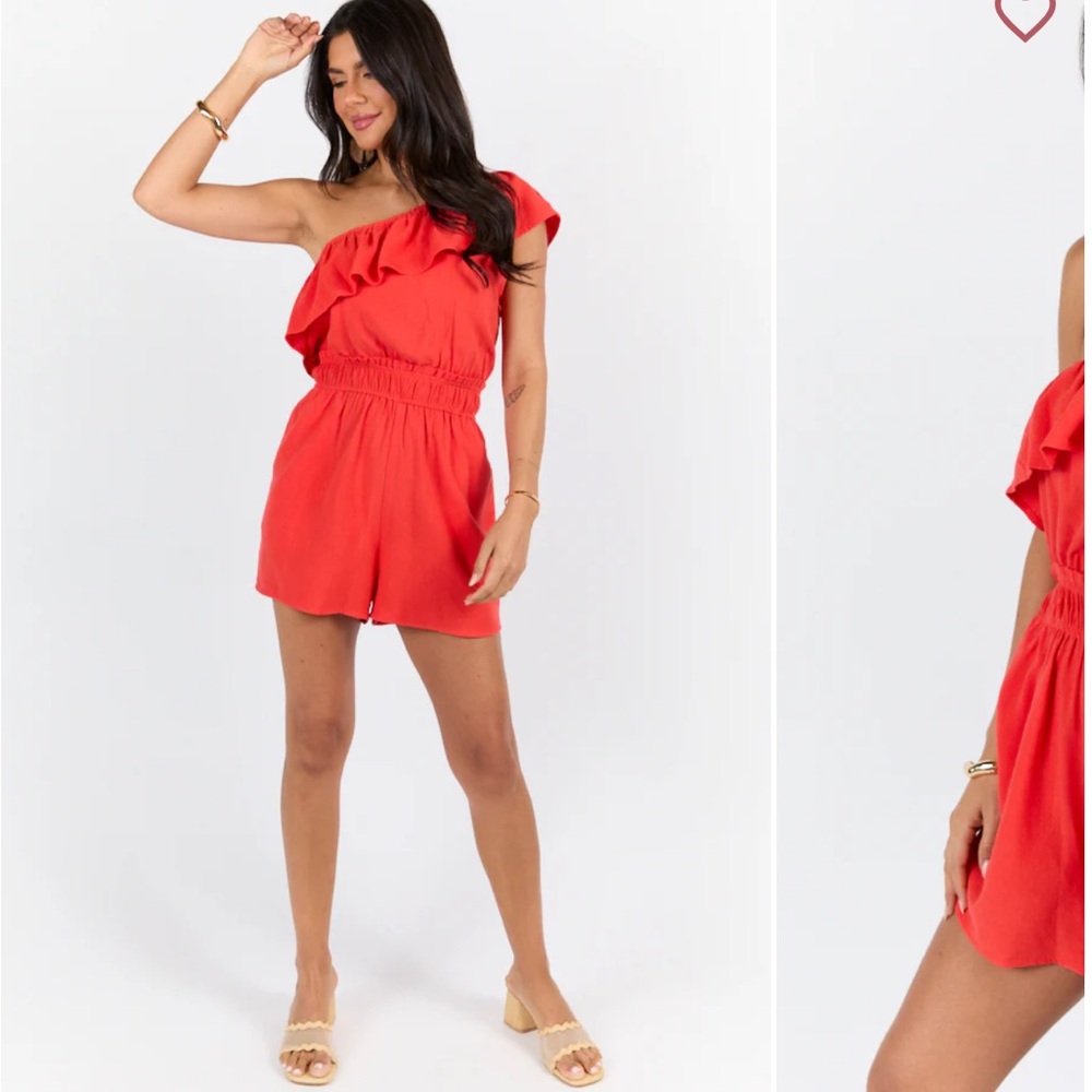 Pink Lily Red One-Shoulder Ruffle Romper - Never Worn